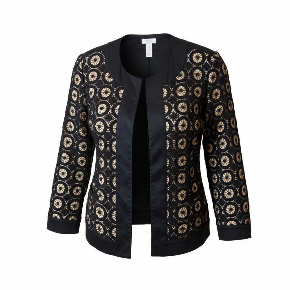 Chico’s Black Gold Brocade Jacket Sz 2 Open Front Evening Career Embroidered